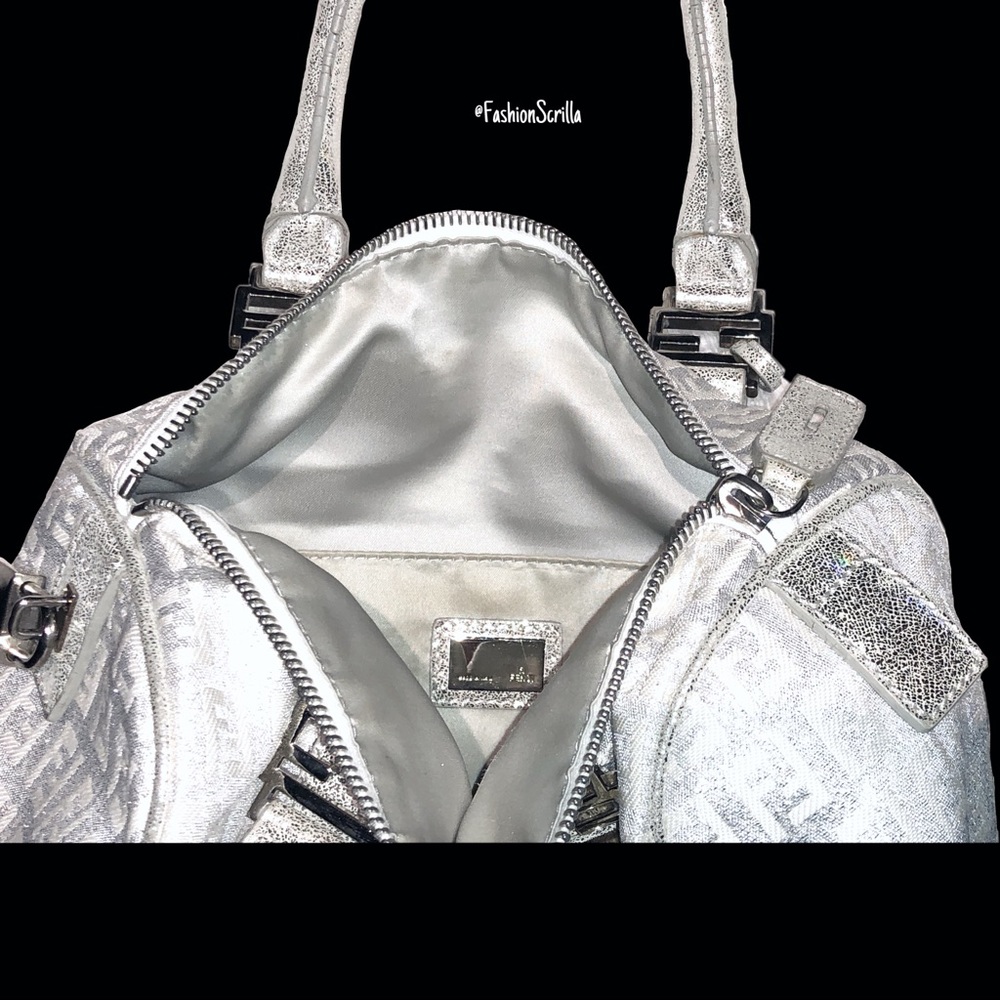 FENDI Vintage Metallic Silver - White Monogram Canvas Forever Bauletto Handbag - Picture 5 of 13
